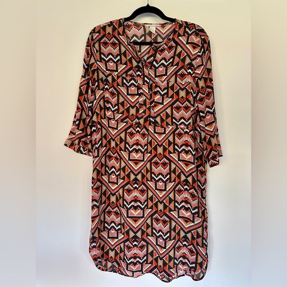H&M | 3/4 Sleeve Shift Shirt Dress for Women | Aztec Print Tunic Dress - Picture 1 of 6